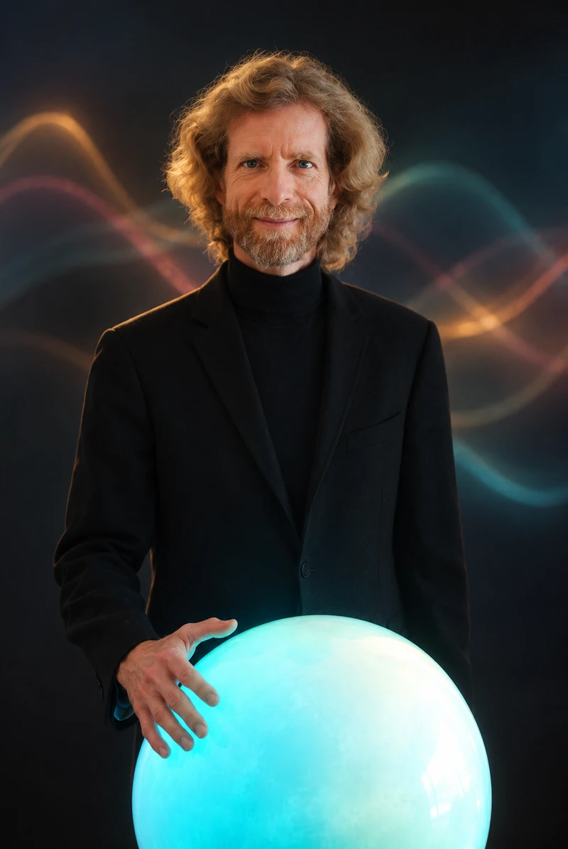 Anadi Martel, inventeur de la SensoLight, la main posée sur un globe SensoLight lumineux