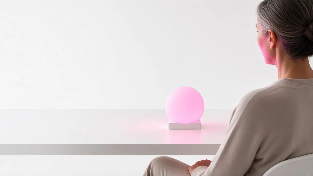 A woman sits at a table, breathing in front of a softly glowing SensoLight.