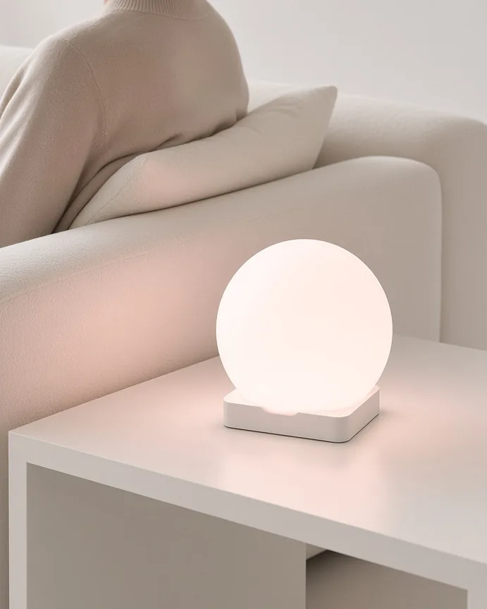 Someone reads on a white sofa beside a softly glowing SensoLight.